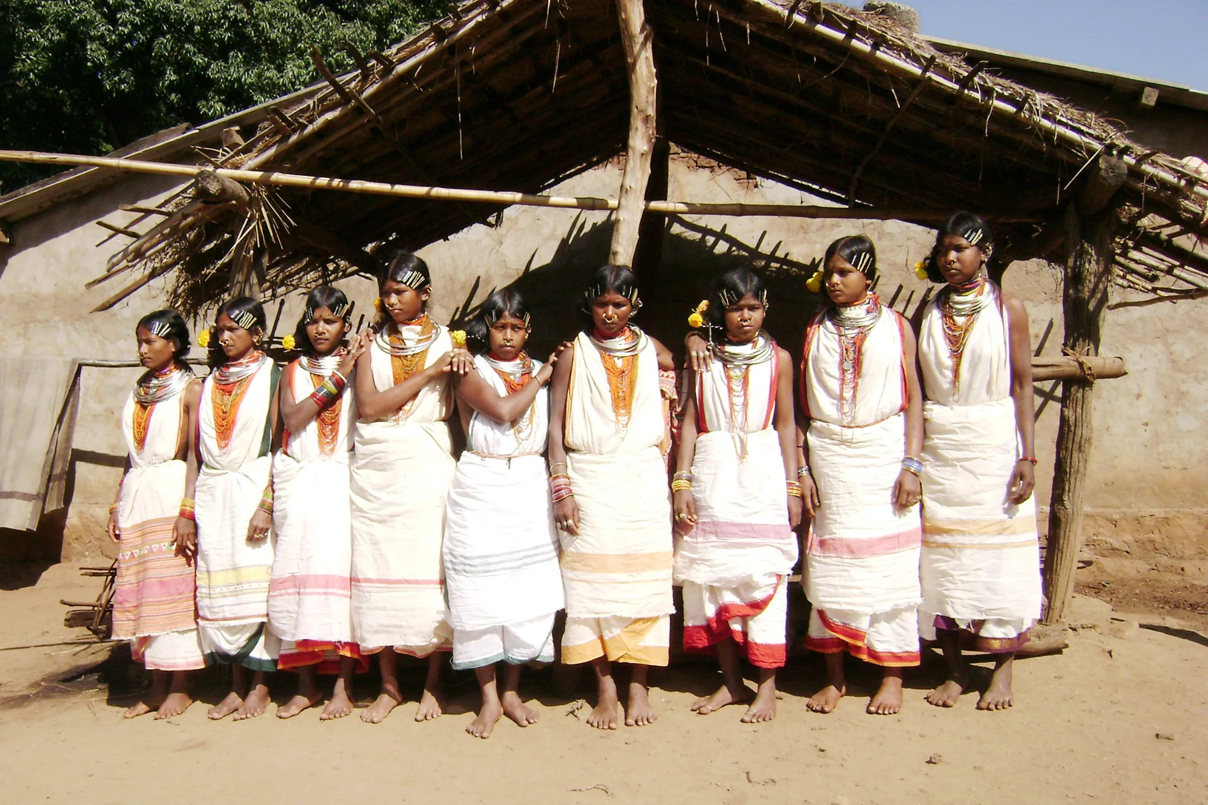 A line of Dongria Kondh women in white wraps, bead necklaces, neck rings and hairpins standing outside a thatched village house