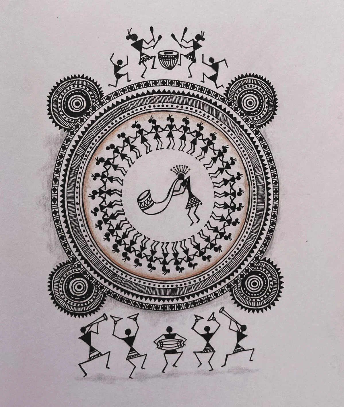 Ink drawing in the tribal folk idiom: rings of dancing figures circling a drummer, framed by geometric borders and rows of musicians