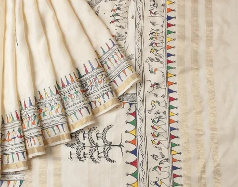 Cream handloom textile printed with rows of Saura-style figures, animals and coloured triangular bunting along the border