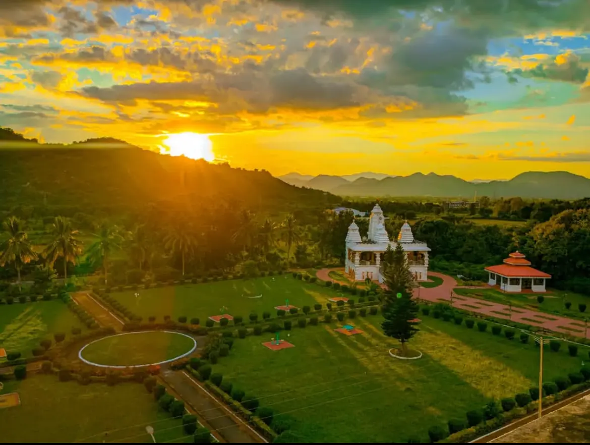 Campus temple and gardens at sunset
